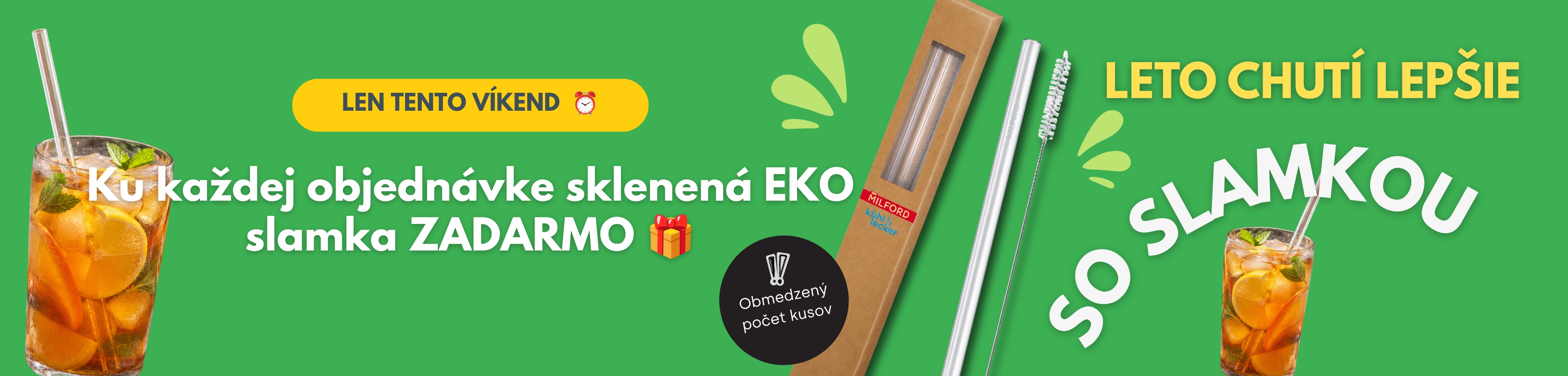 Akcia, ku každej objednávke eko sklenená slamka s kefkou na čistenie zadarmo - banner